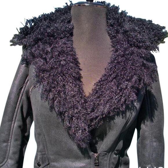 Cache Black Shearling Moto Lined Jacket Front Zipper Sleeve Zippers New NWT $268 - Picture 4 of 10